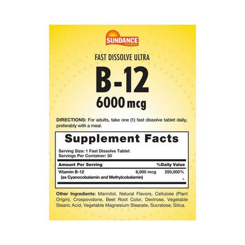 Sundance, Fast Dissolve Ultra Vitamin B-12, 6000 Mcg, 30 Tabs Sundance
