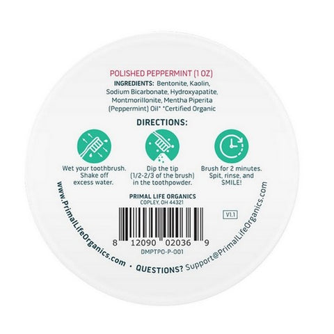Primal Life Organics, Powdered Mineral Toothpaste With Nano-Hydroxyapatite Polished Peppermint, 1 Oz Primal Life Organics