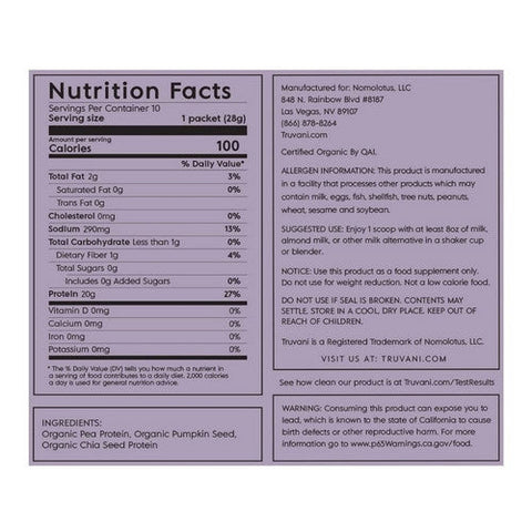 Truvani, Organic Plant Based Protein Powder Unflavored, .99 Oz (Pack Of 10) Truvani