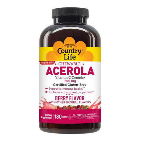 Country Life, Chewable Acerola Vitamin C Complex Berry, 500 MG, 180 Wafers Country Life