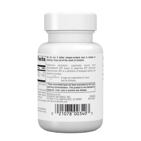Source Naturals, Chromemate Chromium GTF Yeast Free, 200 Mcg, 120 Tabs Source Naturals